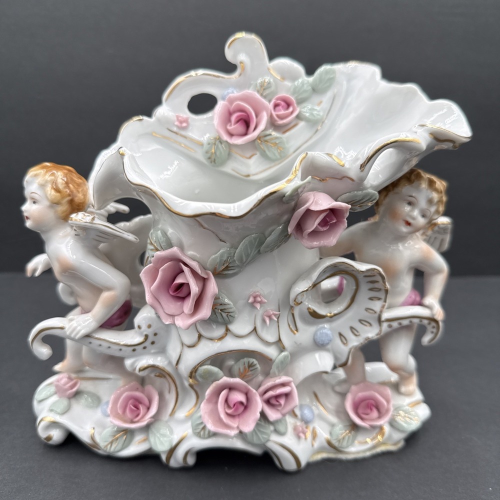 Vintage UCAGCO Ceramics Japan Winged Cherubs Roses‎ Vase Damaged